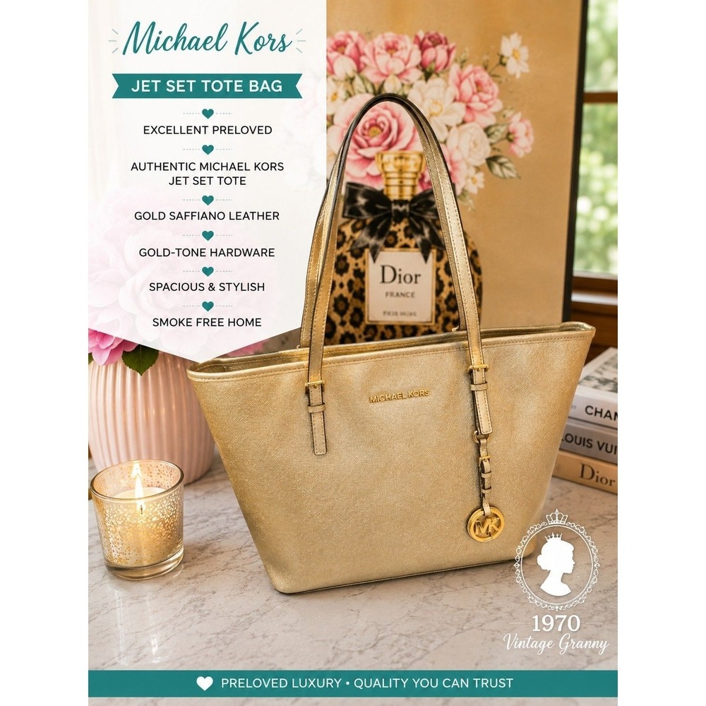 Michael Kors Gold Jet Set Tote Bag Saffiano Leather Gold Hardware Handbag